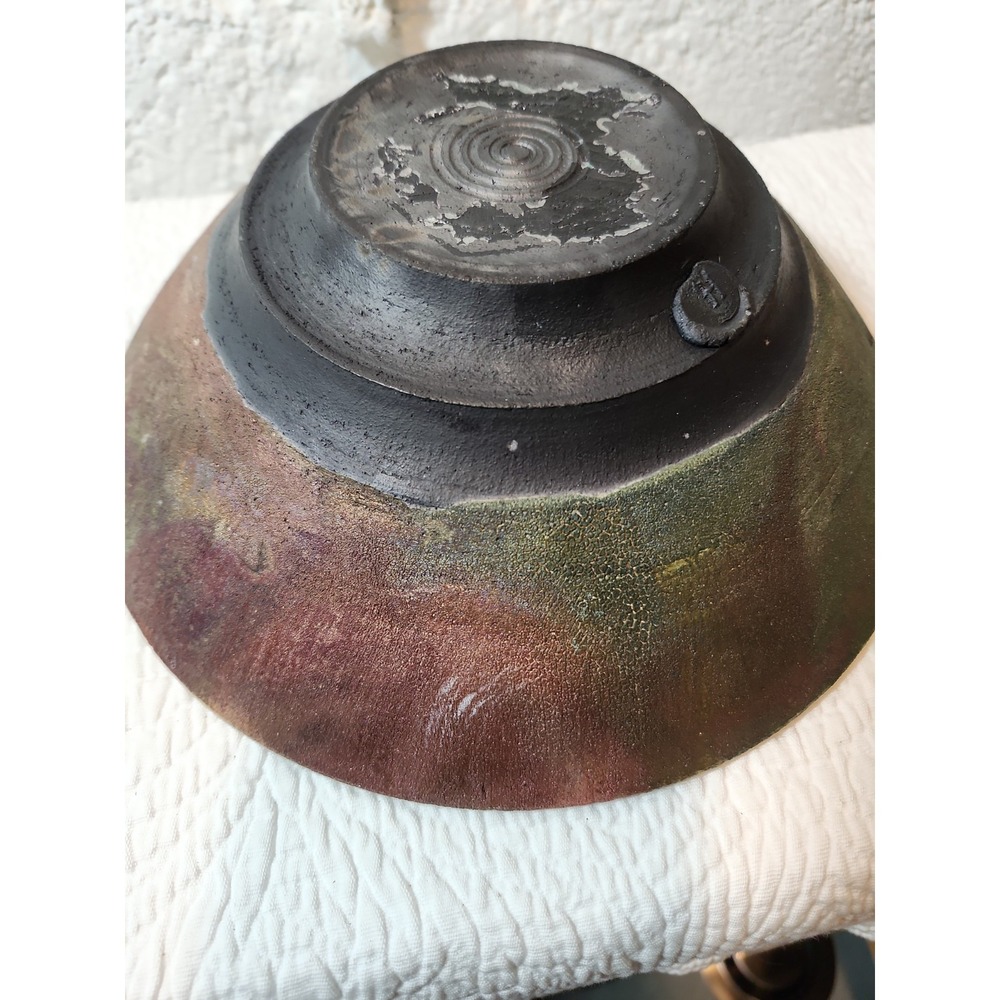 Large Raku Fired Centerpiece Bowl. Copper and Green Hues. Makers Mark. 9"